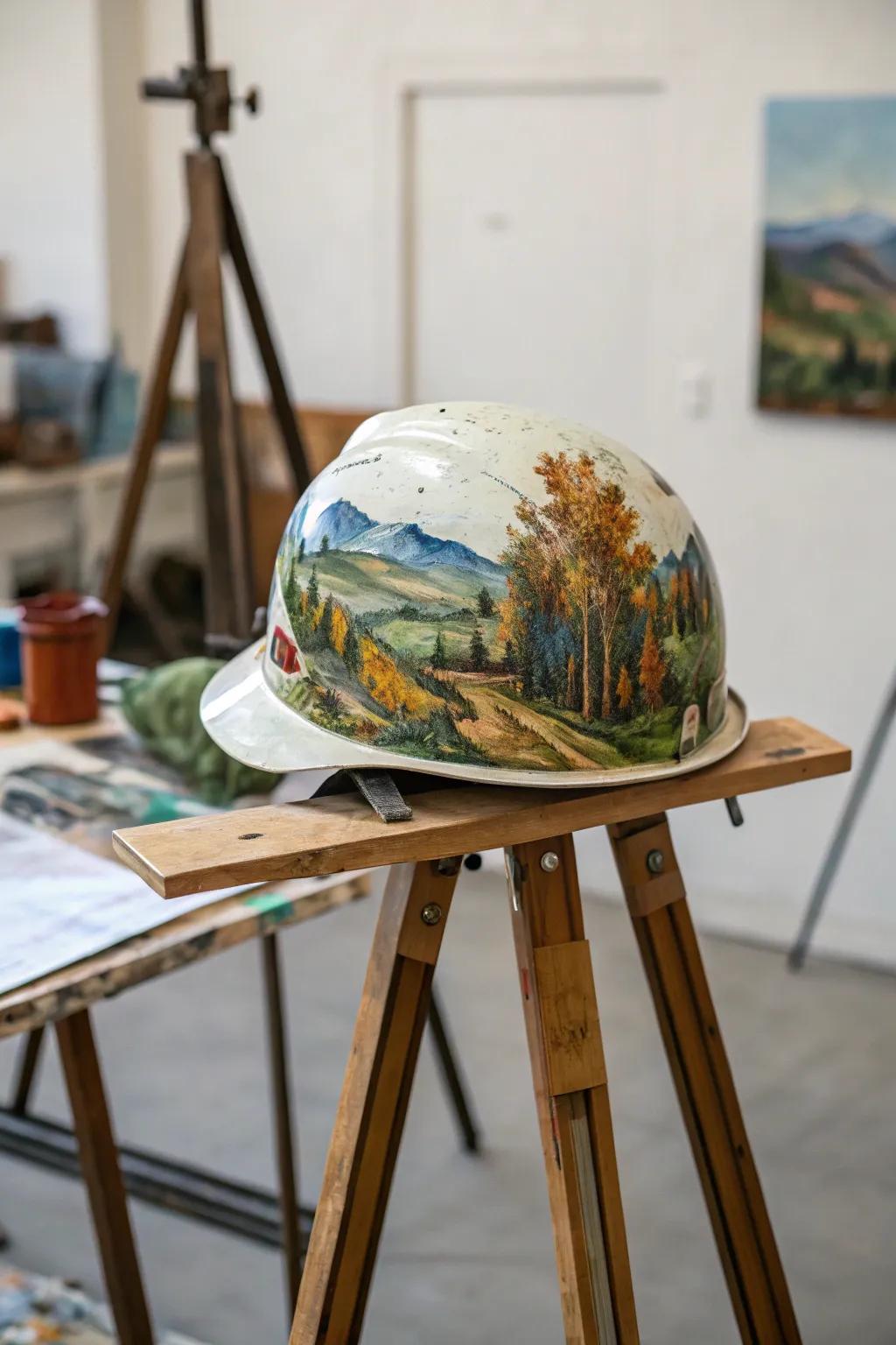 A hard hat transformed into a personal canvas.
