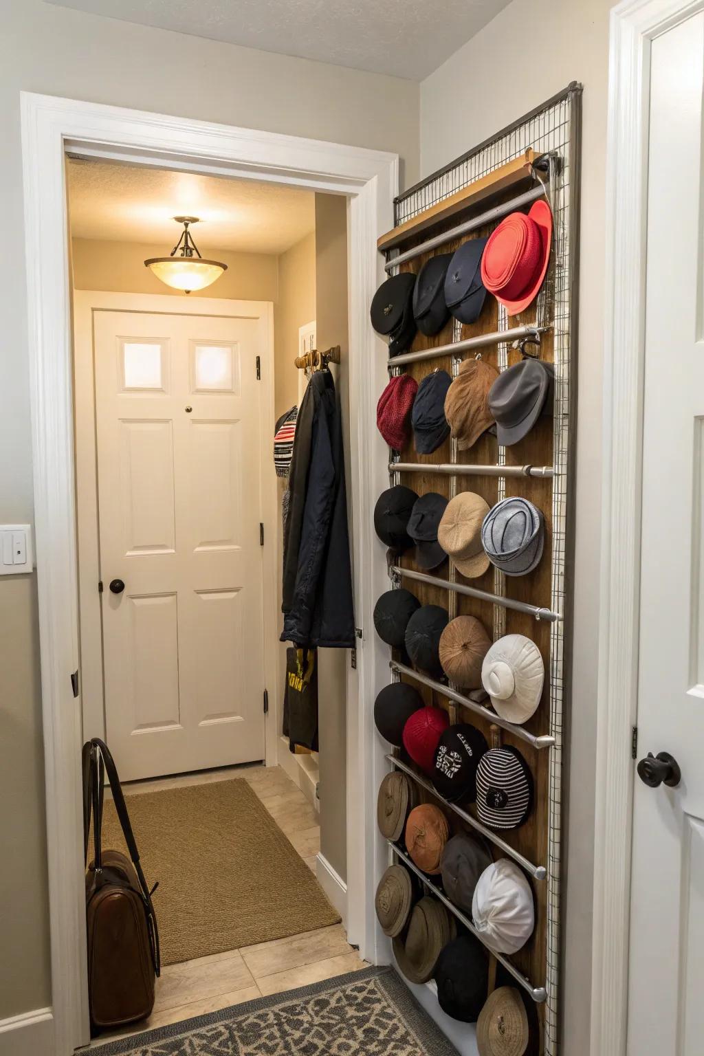 Over-the-door hat storage solution.