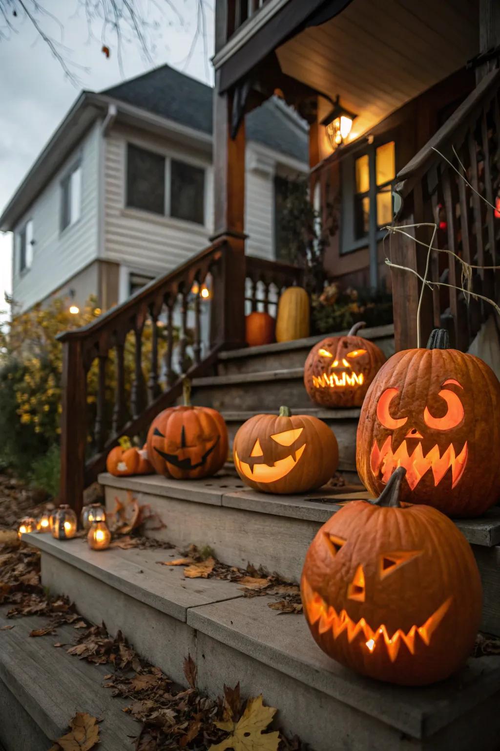 Design an inviting yet eerie entryway with a display of jack-o'-lanterns.