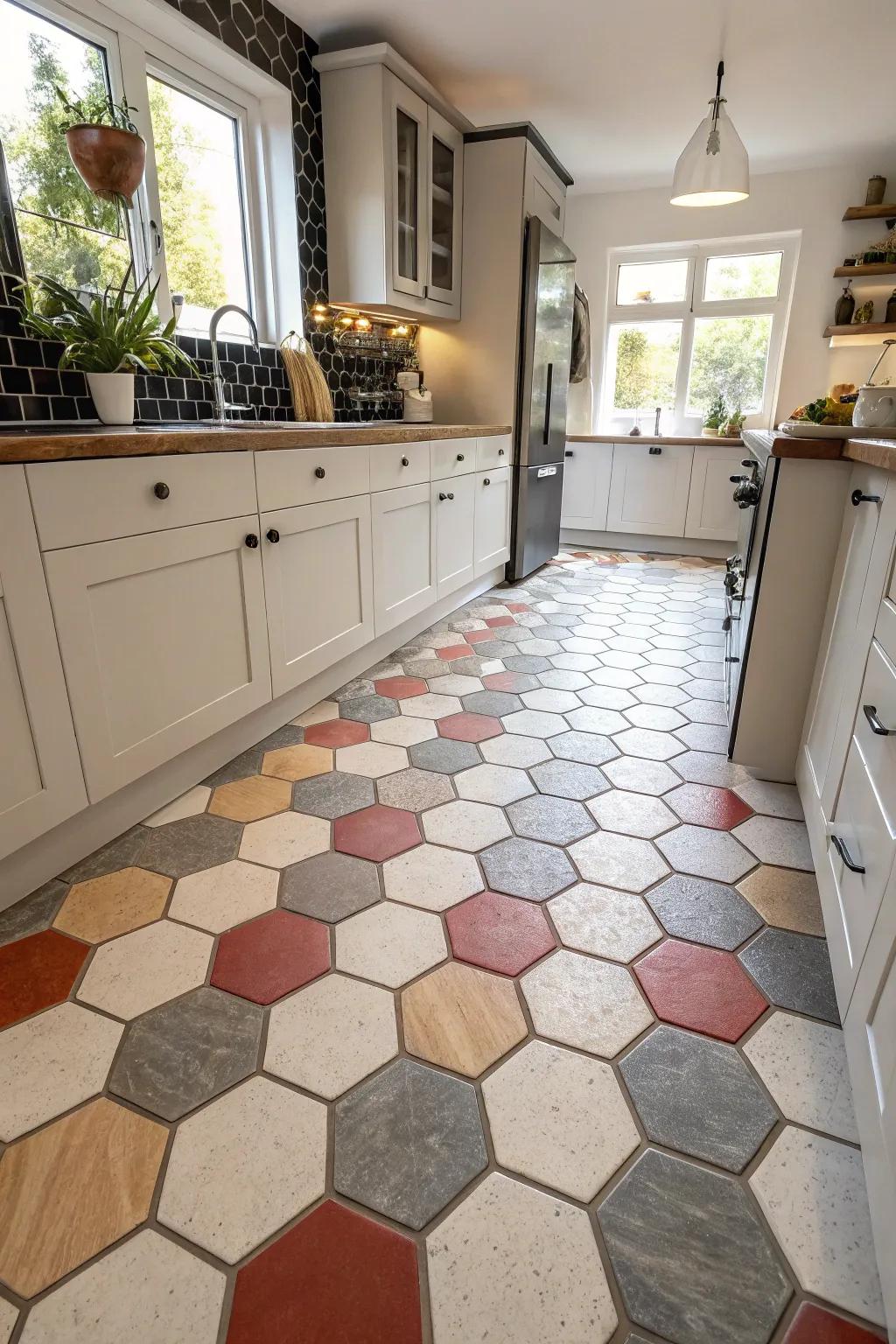 Hexagon floor tiles can serve as the highlight feature within your kitchen.