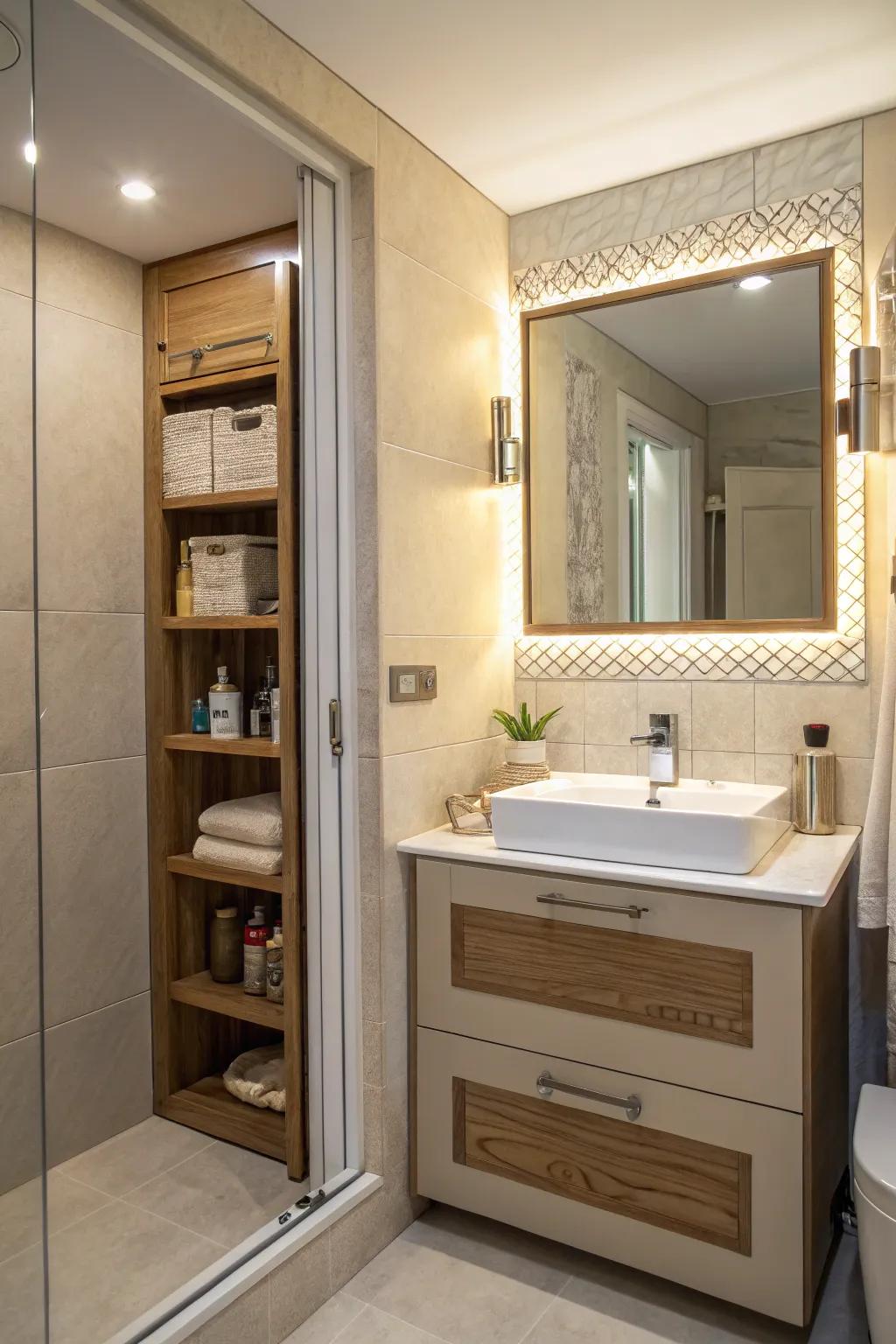 A side mirror offering secret storage space in a bathroom.