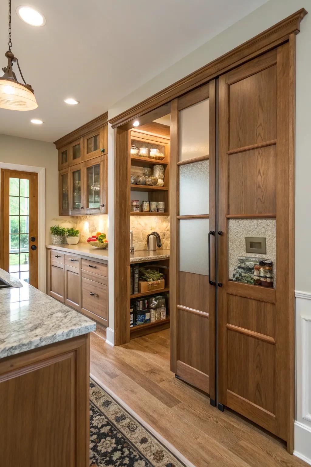 Recessed doors provide seamless access to a concealed pantry.