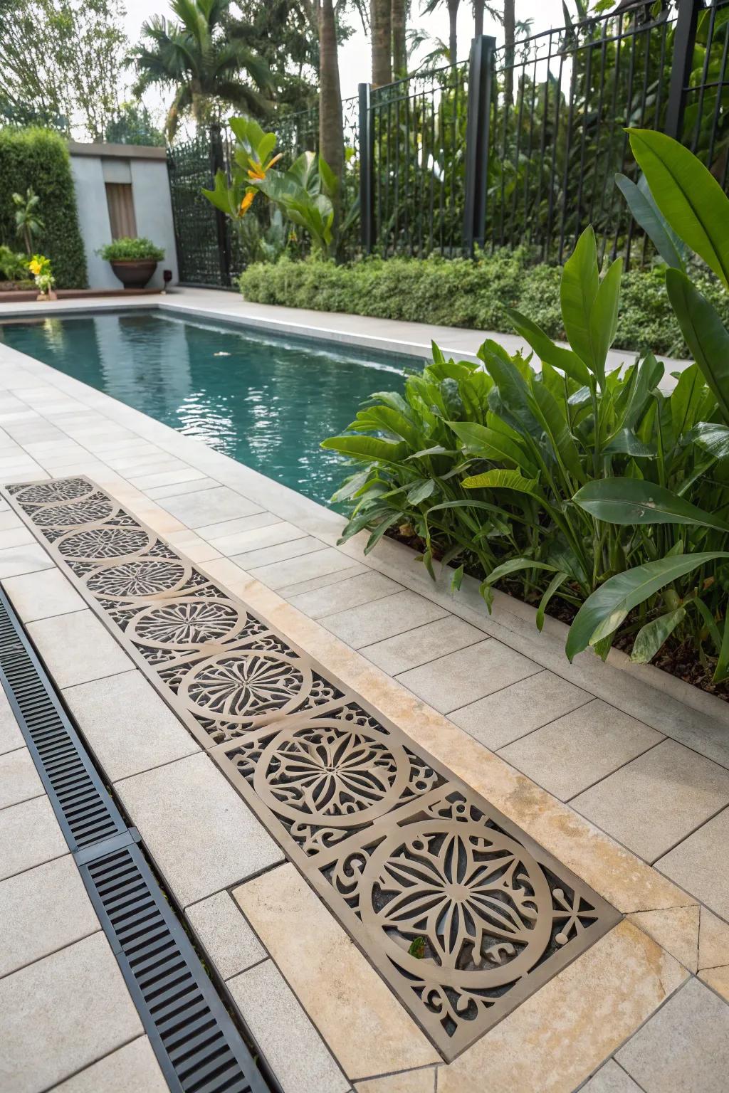 Artistic ornamental grates add an unexpected design feature to the deck.