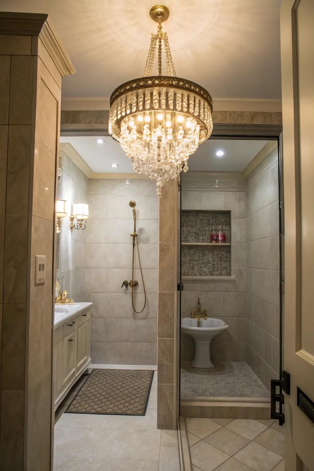 A chandelier imparts a luxurious touch to the concealed shower.