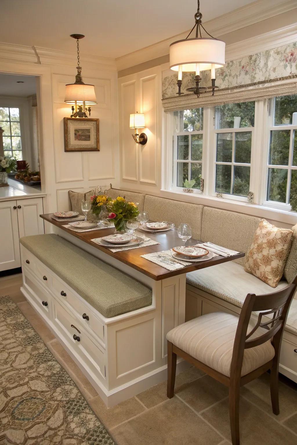 Welcoming dining area with banquette seating and hidden storage