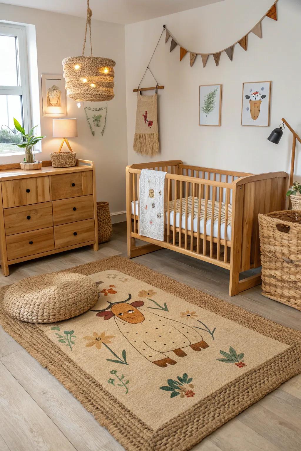 Rugs made of natural fiber bring coziness and texture into the baby's room.
