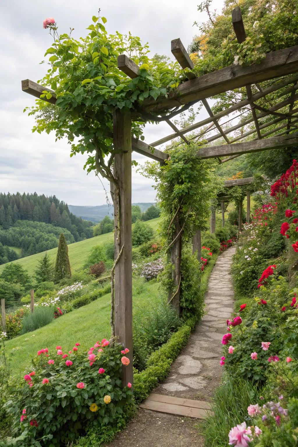 Vertical structures such as plant supports add height and visual interest to a hillside garden.