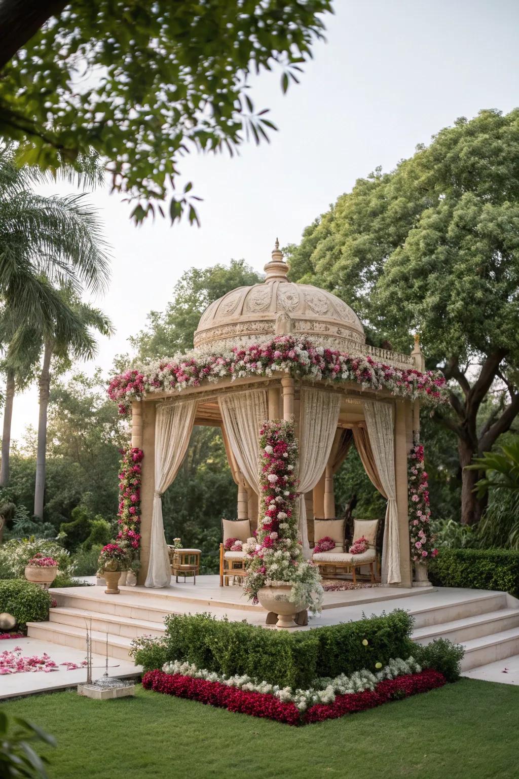 A serene garden backdrop framing the mandap beautifully.