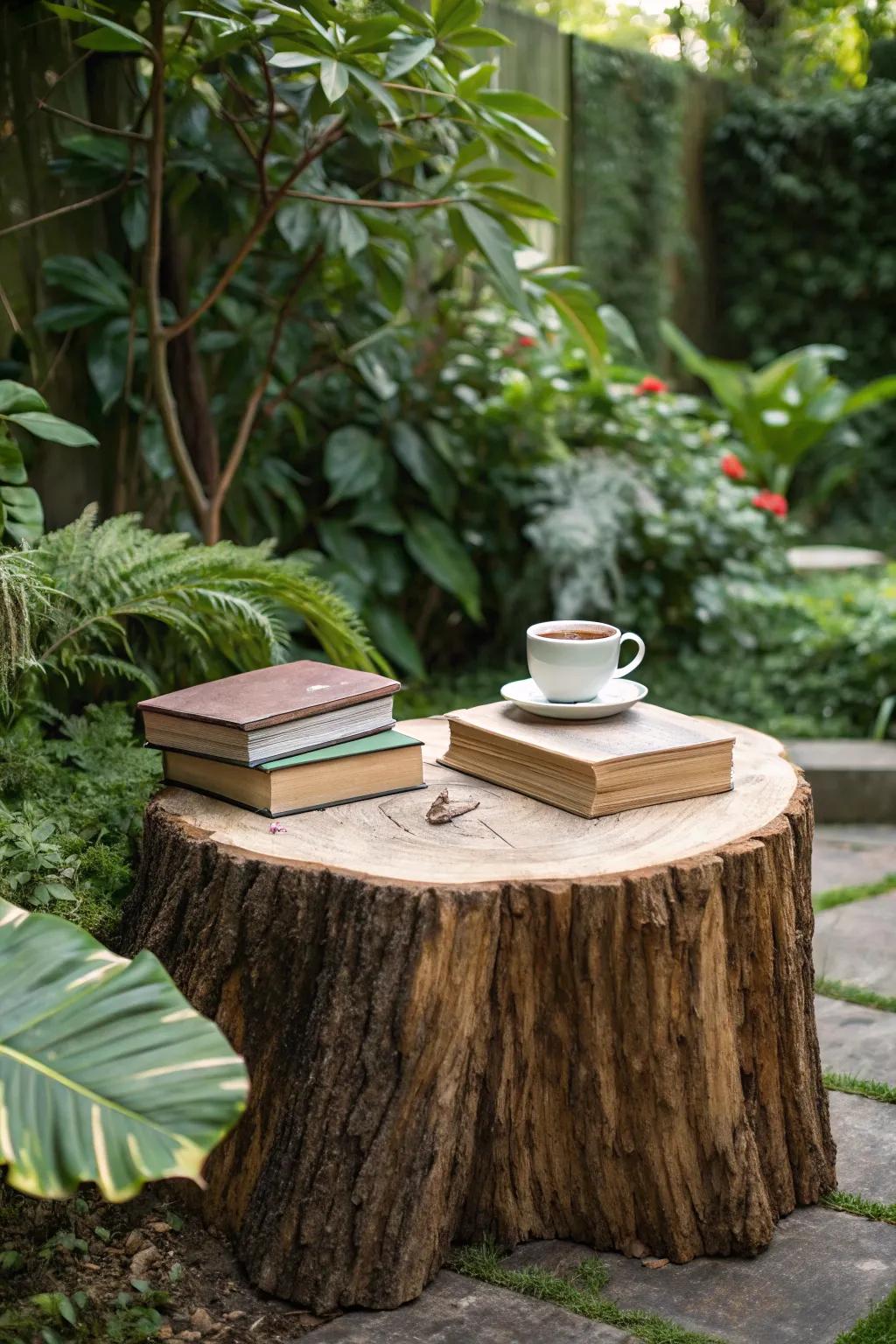 An outdoor wooden surface fashioned from a tree stump.