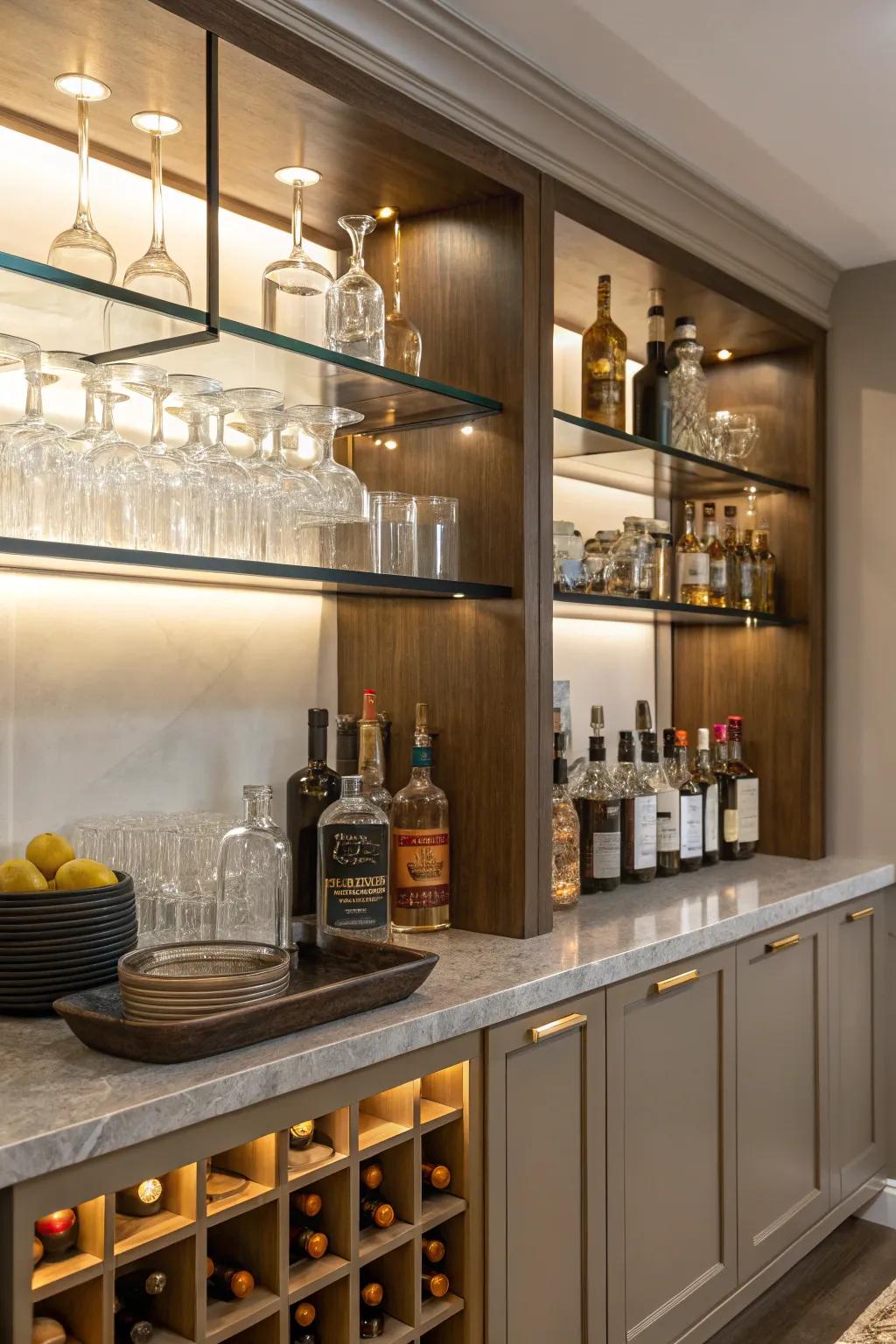 Open shelves are perfect for showing off your bar essentials.