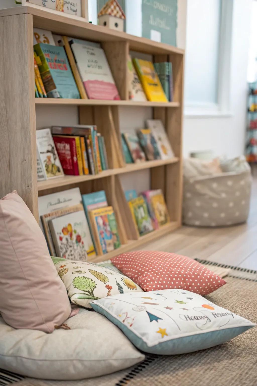 A reading corner offers a serene location for children to unwind with a book.