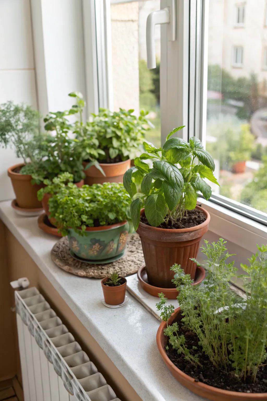 A vibrant kitchen windowsill decorated with fresh herbs and plants.