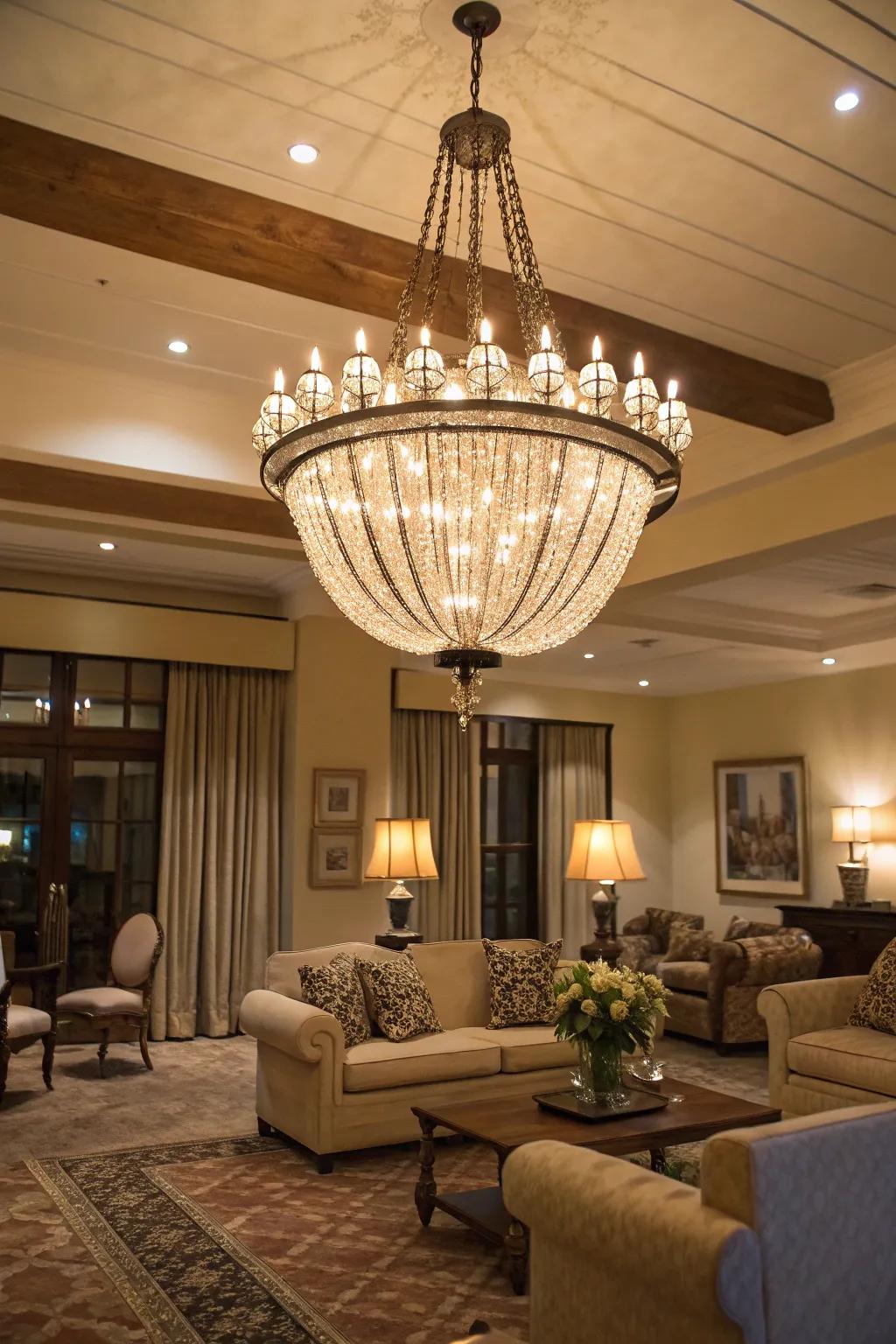 A living room enhanced by a statement chandelier.