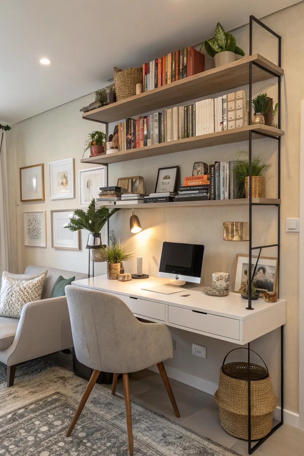 Elegant shelves offer both storage and display capacity in this home office.