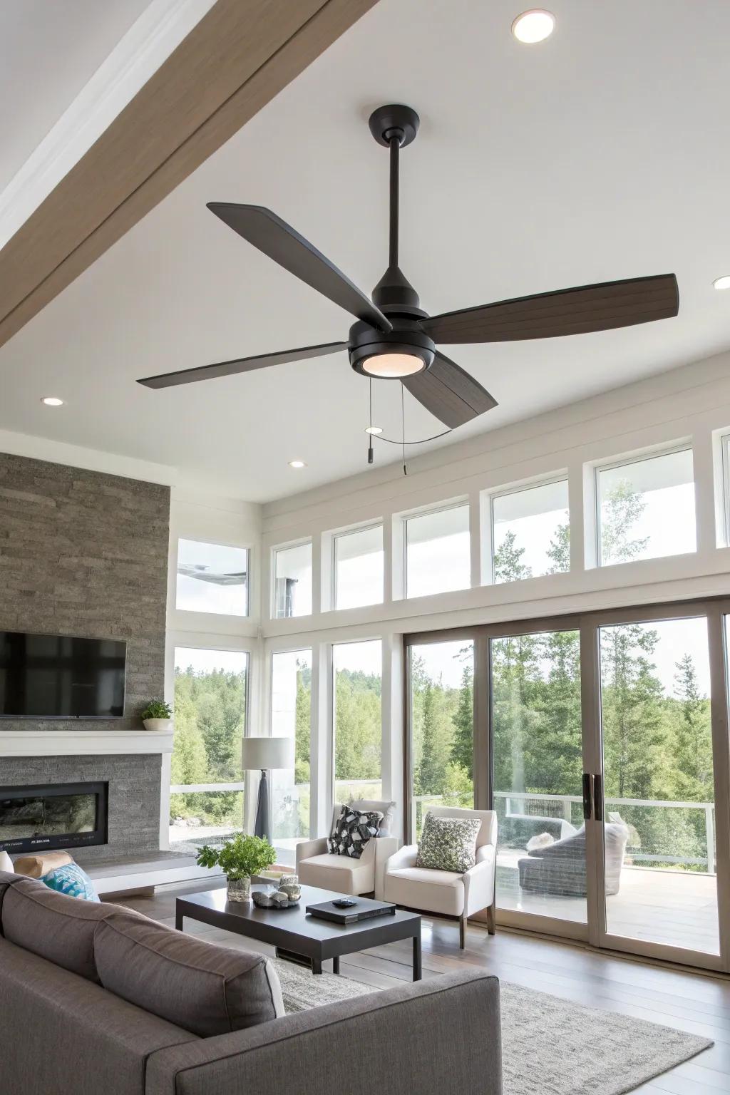 A chic, energy-efficient ceiling fan enhancing a modern living room.
