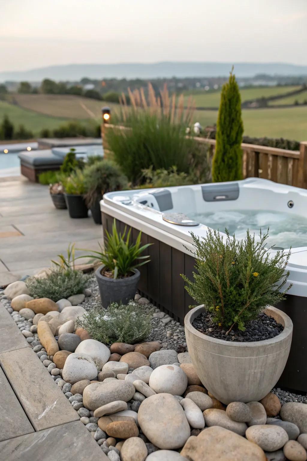 Ornamental boulders and flora pots enrich the charm of the hot tub environment.