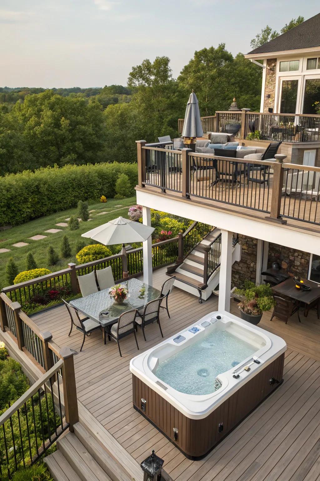 Tiered decks present adaptable areas for various uses.