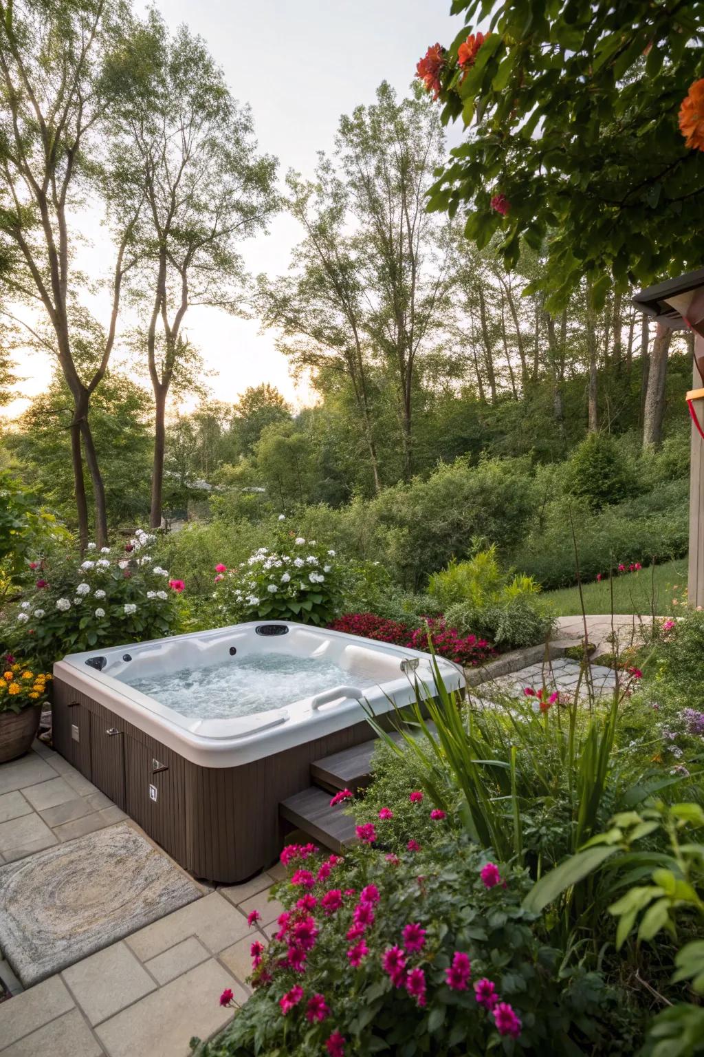 Engage with nature in a superbly landscaped hot tub setting.