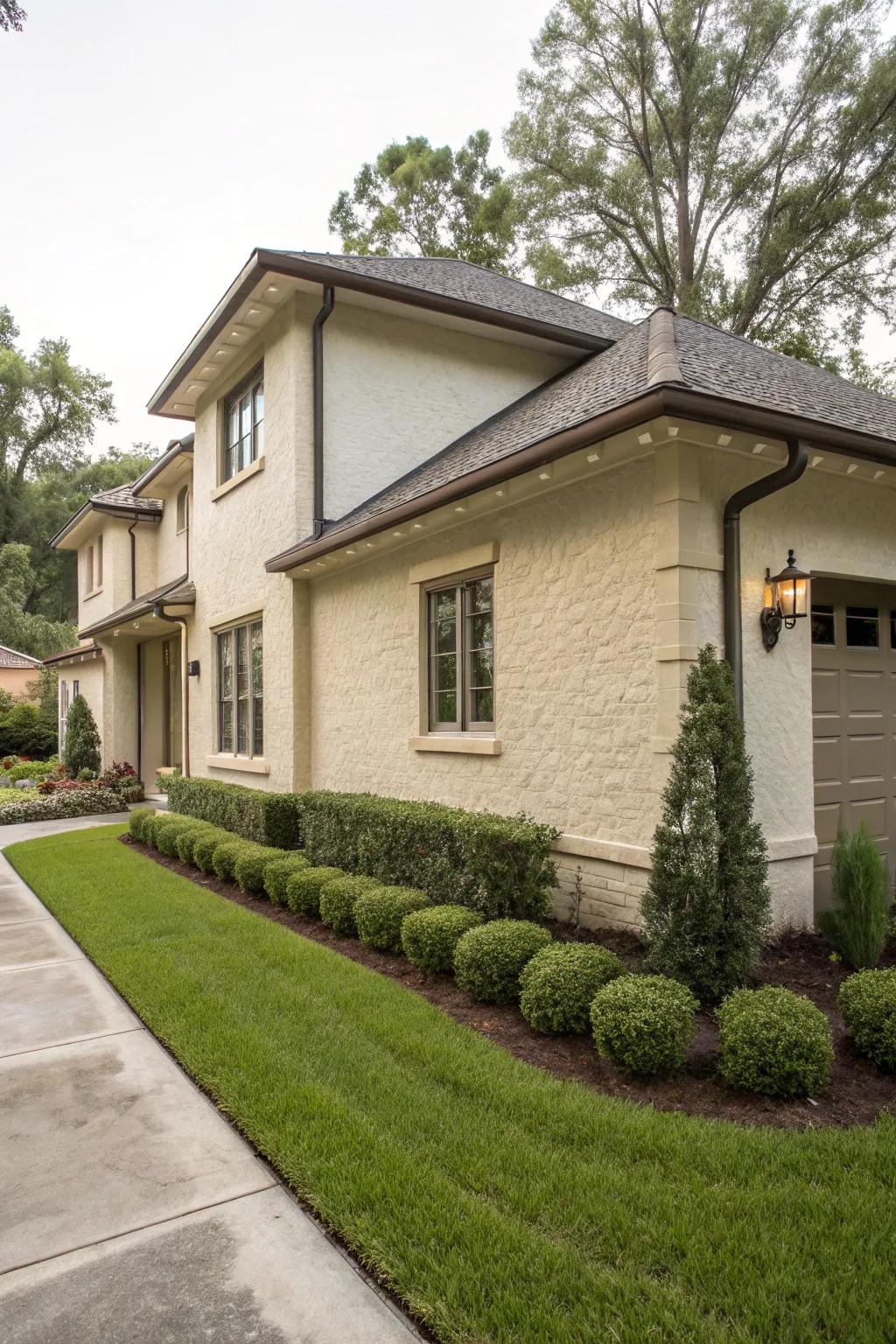 A sleek stucco finish creates a minimalist, tidy appearance.