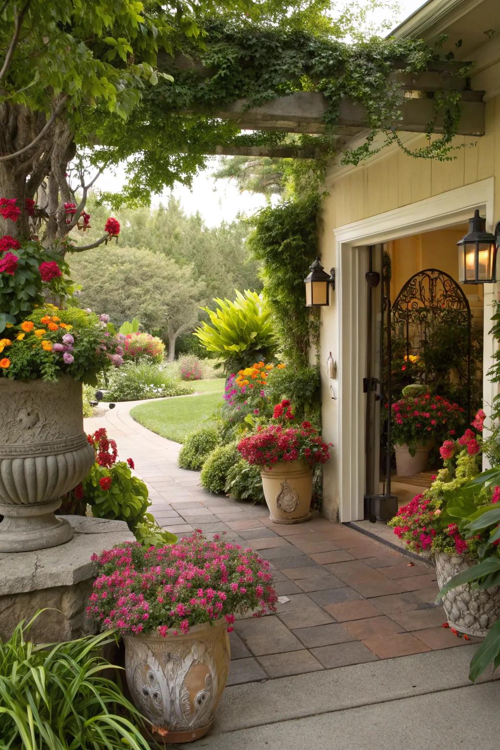 Potted greenery enlivening and coloring your entrance.