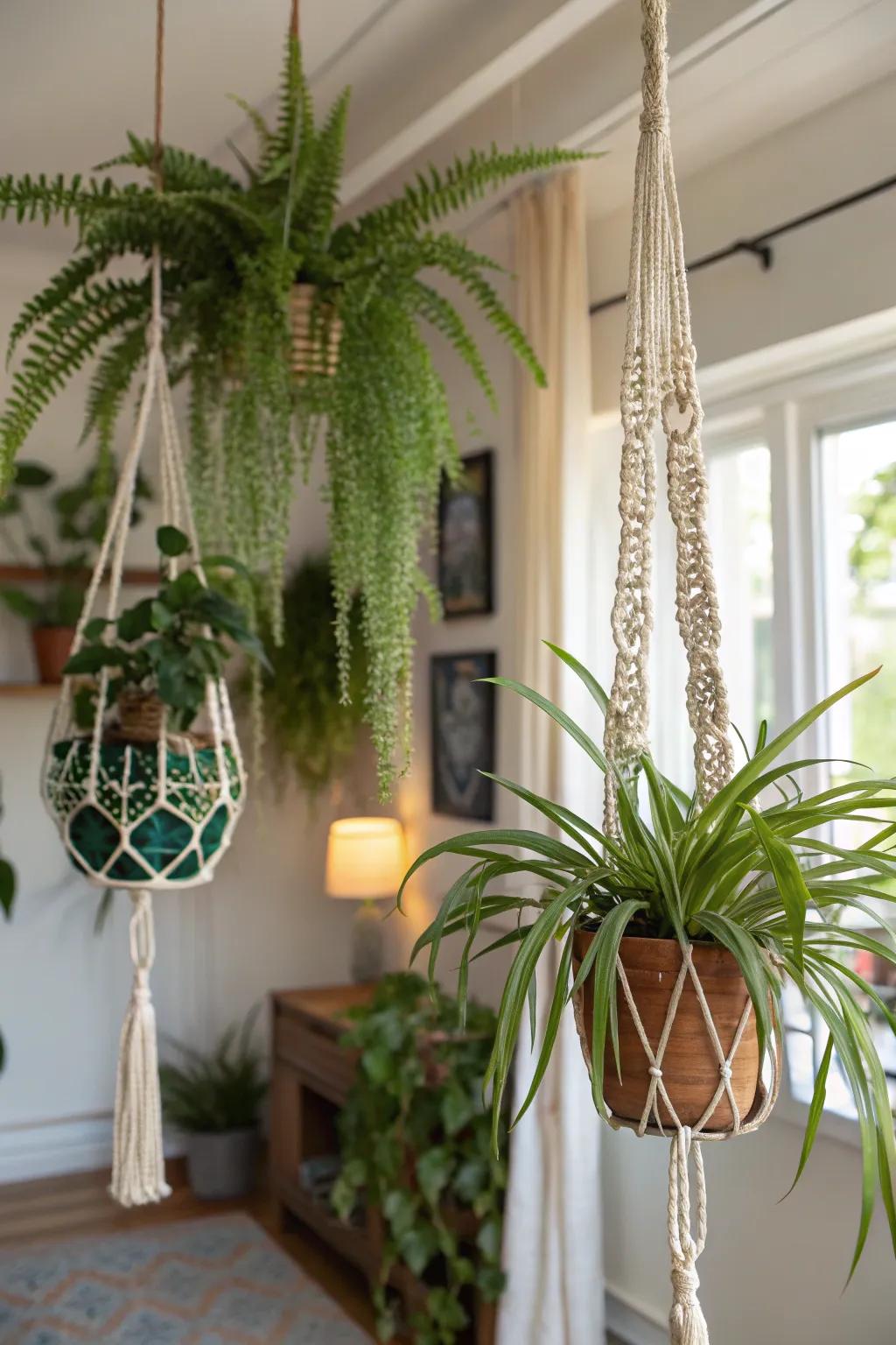 Suspended plants contribute a bohemian vibe to any space.