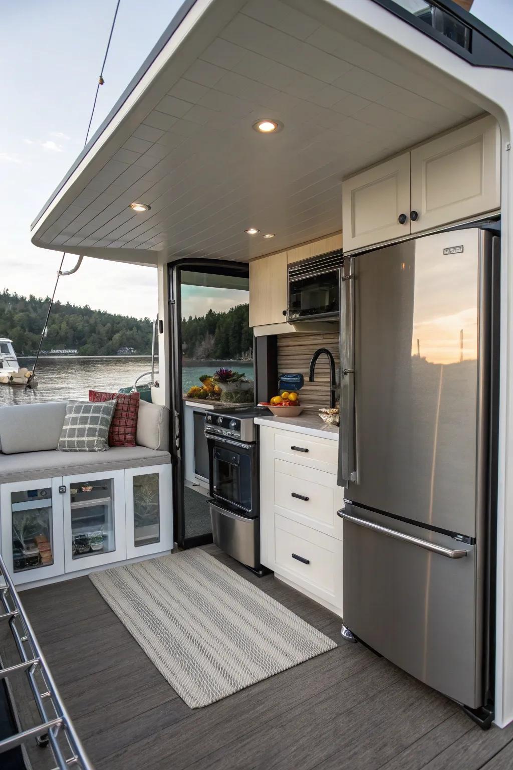 A small, fully functional kitchen crafted for a houseboat.