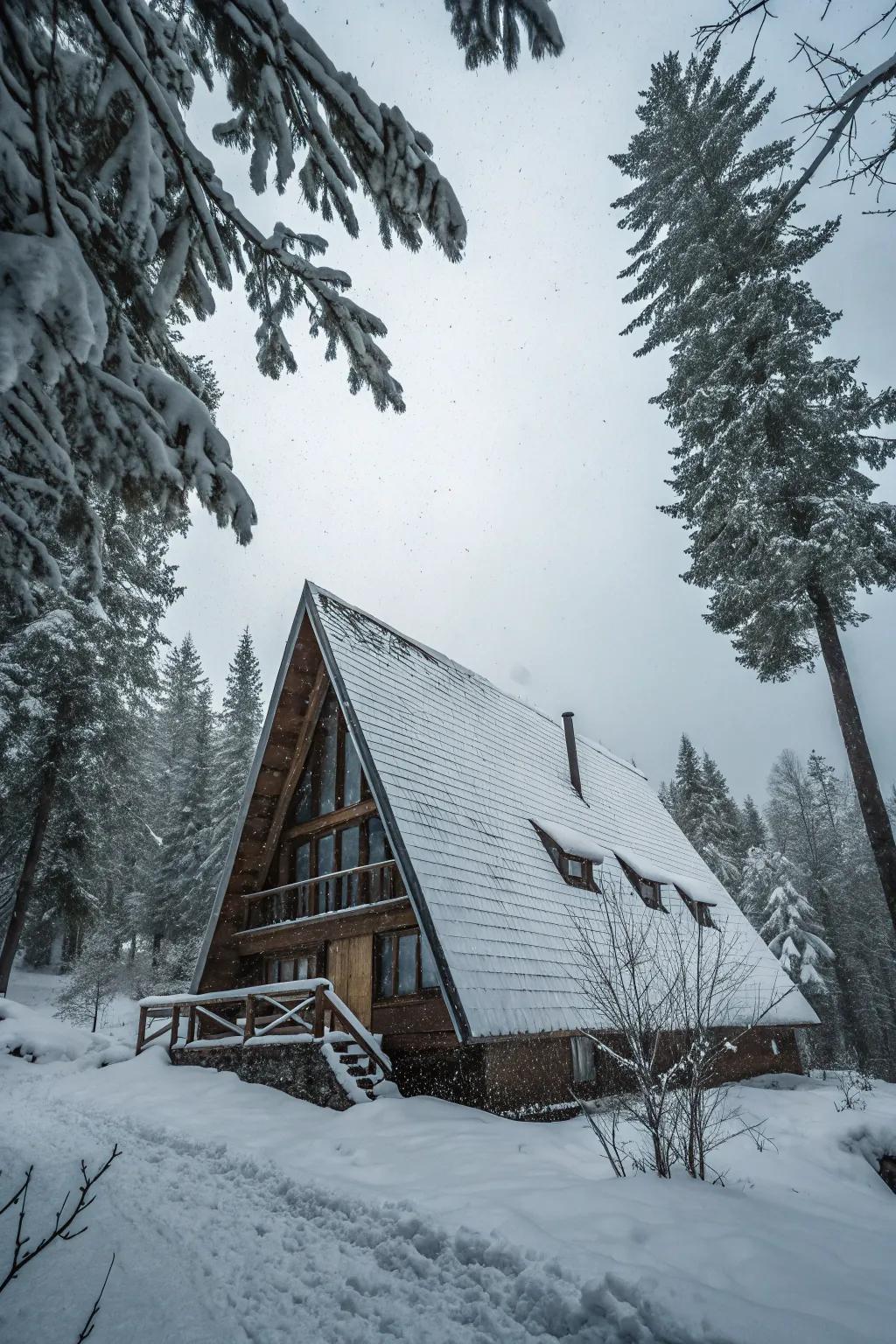 A classic A-frame cabin nestled perfectly in the woods.