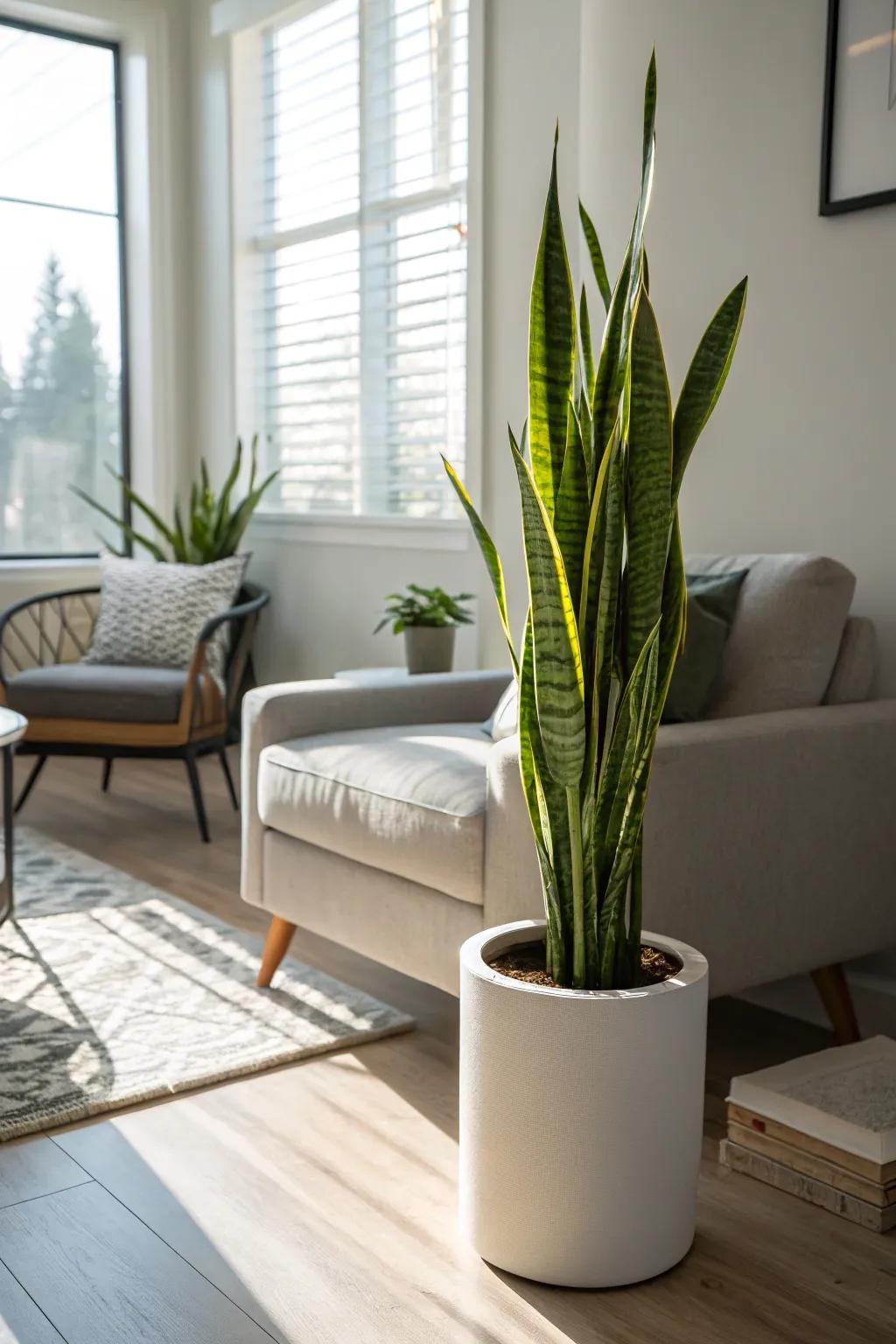A striking Snake Plant gives the room height and drama.