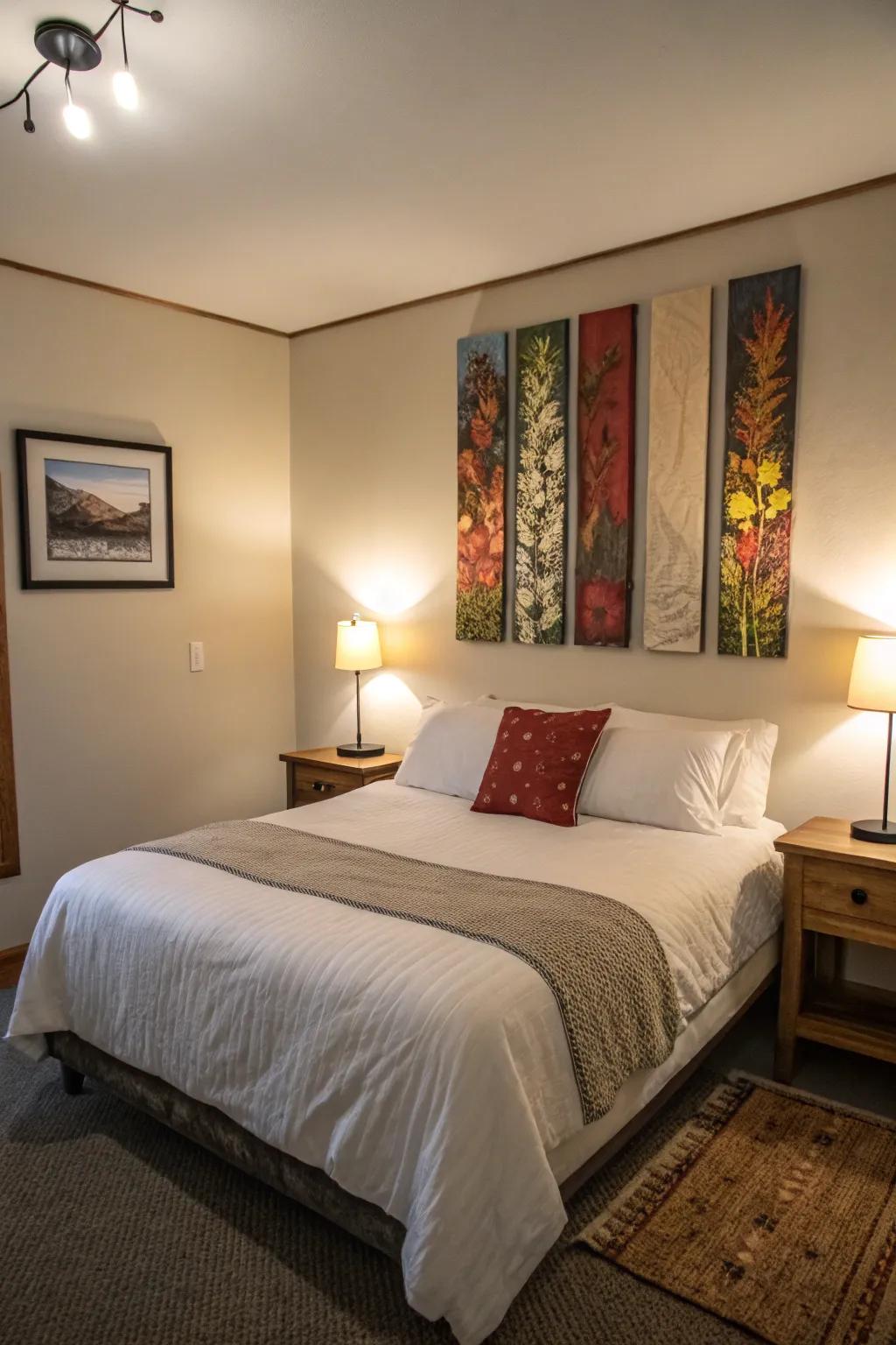 Well-placed wall decorations bring charm and height to a small bedroom.