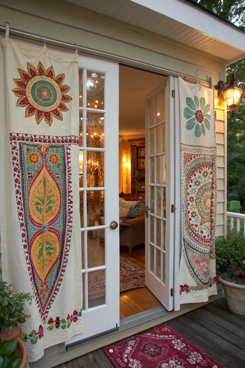 Handmade fabric covers provide a customized and adaptable element to French doors.