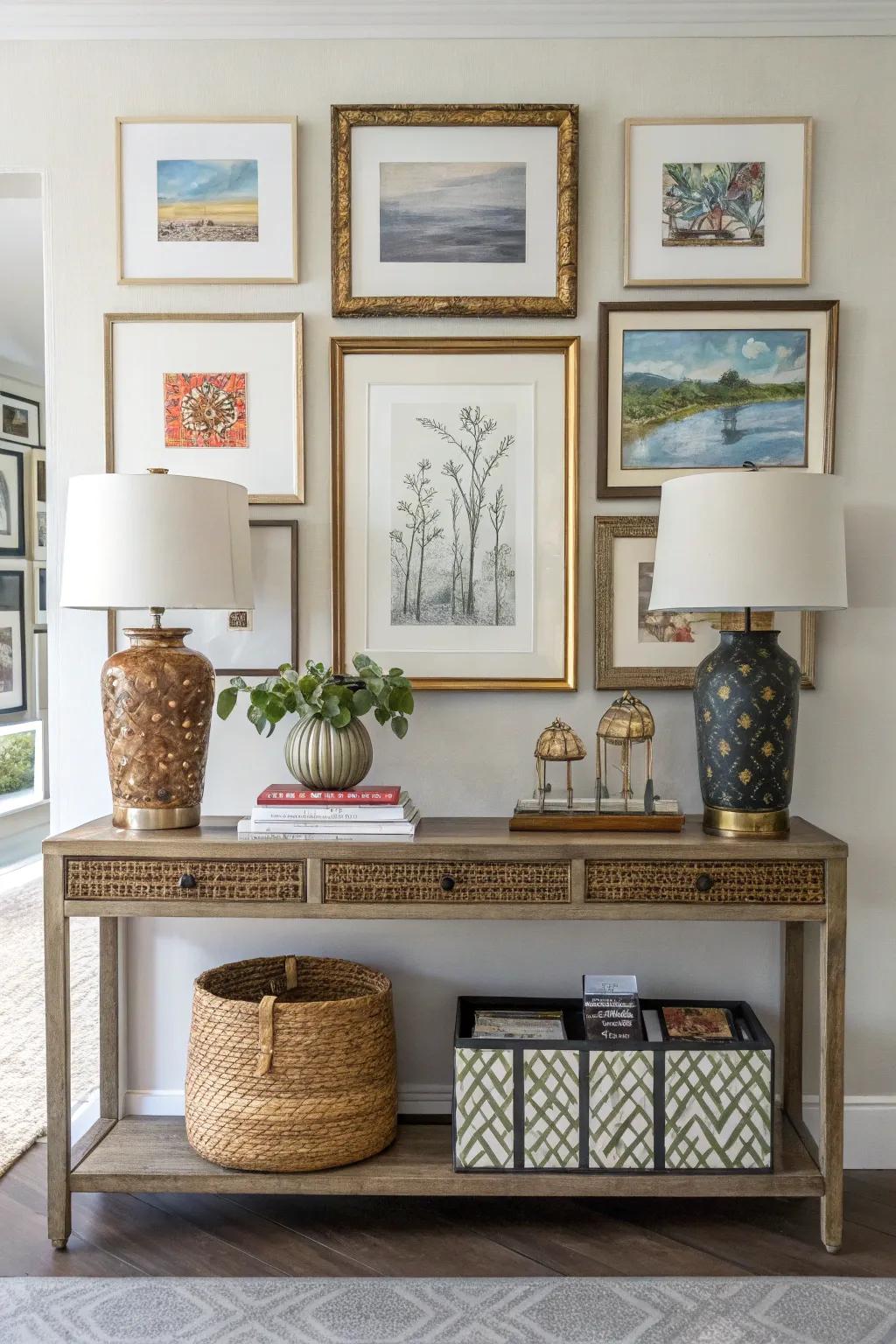 A curated assortment of framed artwork creates a personalized gallery ambiance.