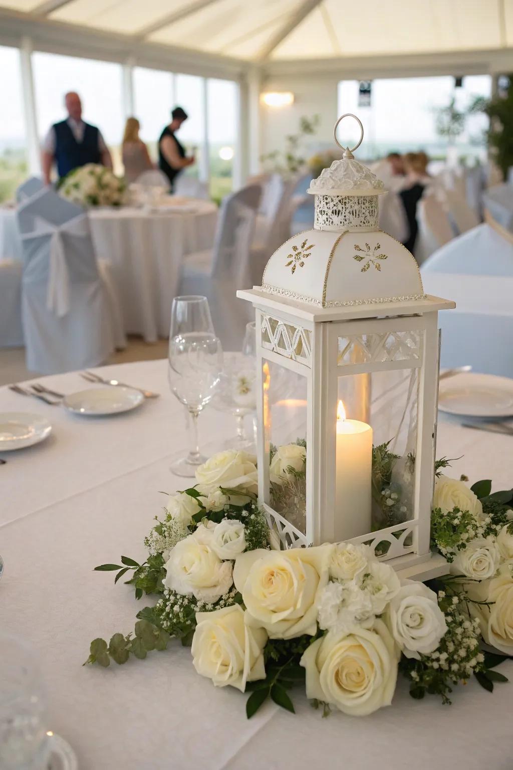 A sophisticated wedding centerpiece with white roses and a metallic lantern.