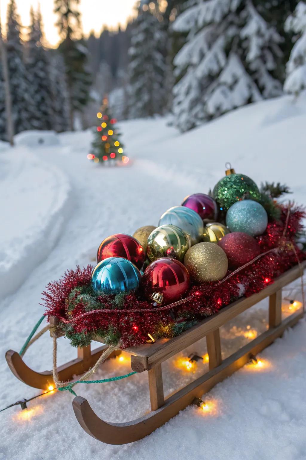 A sled glistening with holiday Christmas baubles