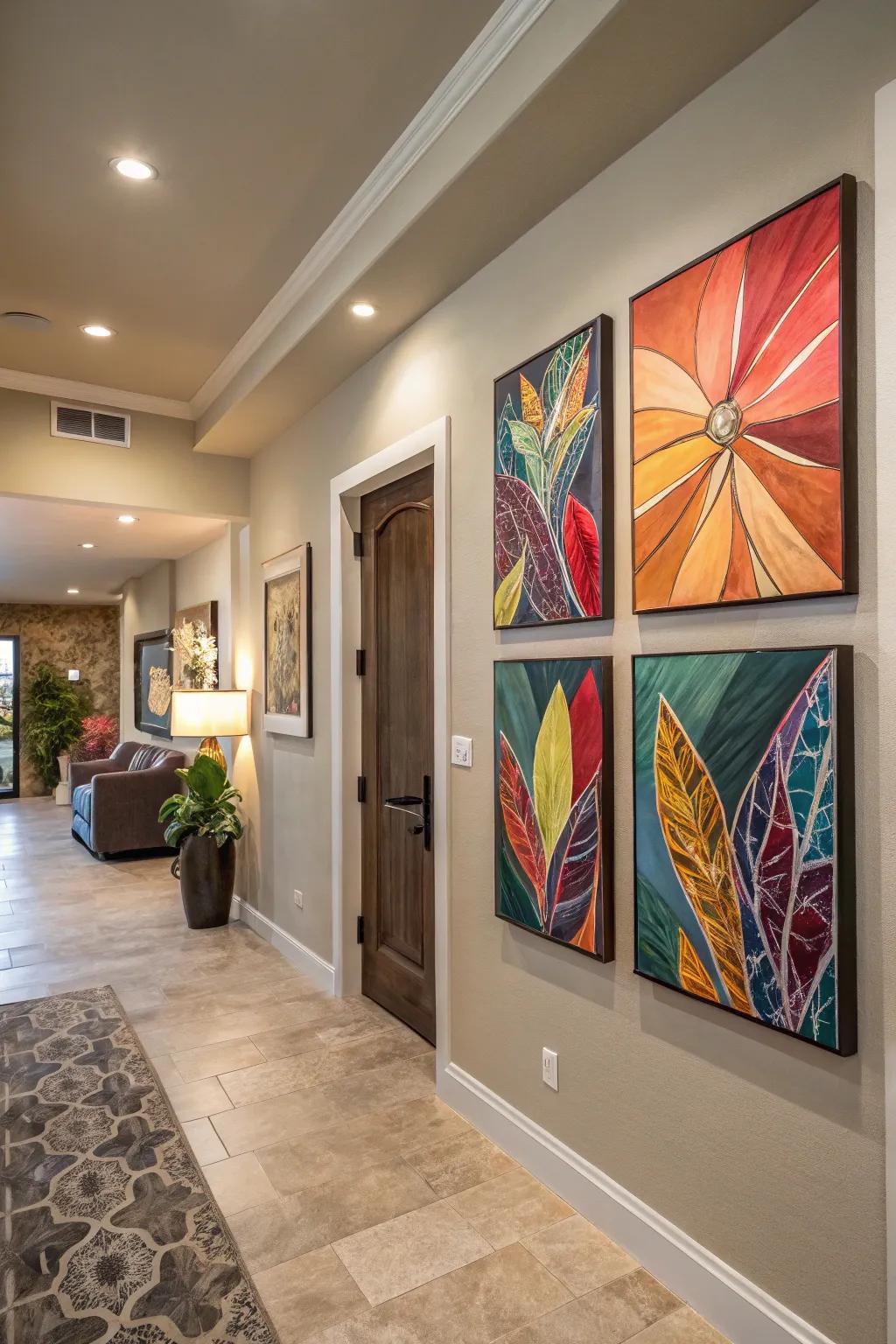 Eye-catching artwork contributes personality and functions as a point of focus in the entryway.