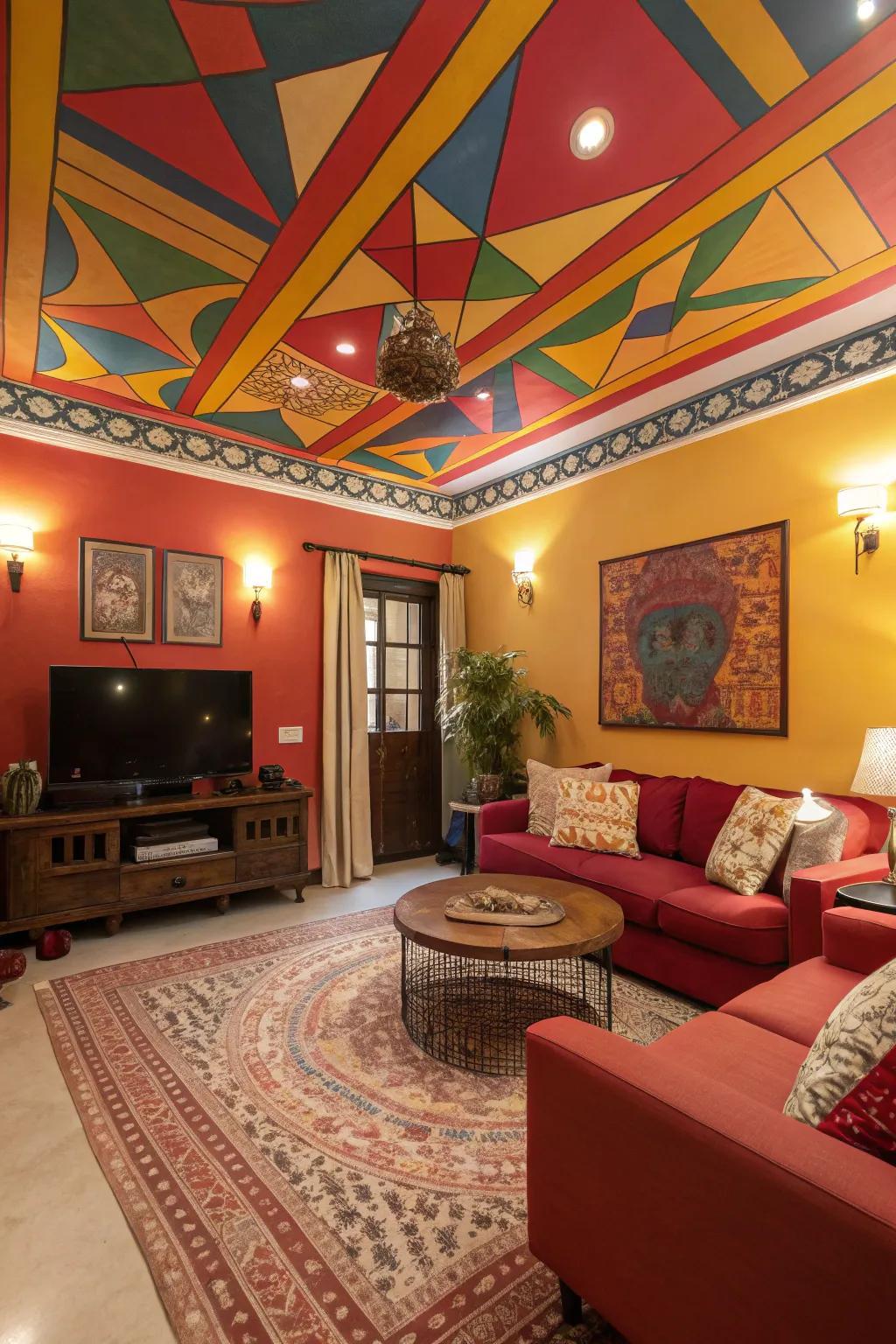 A vibrant living room featuring a bold, colorfully painted ceiling.