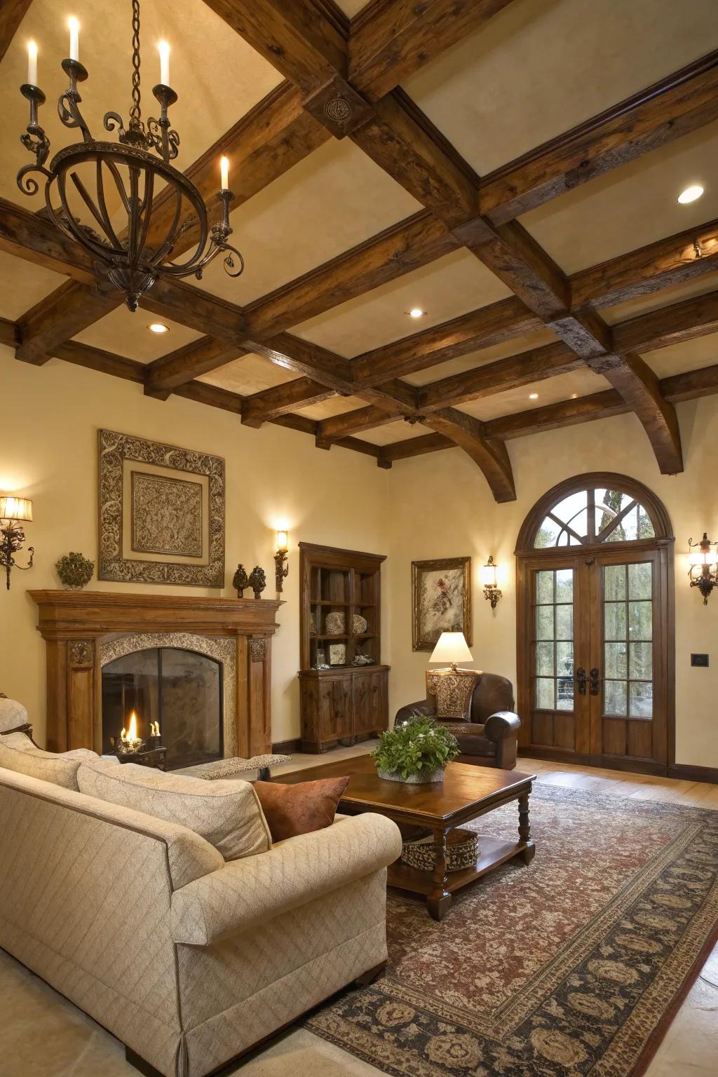 Architectural details add depth and texture to high ceilings.