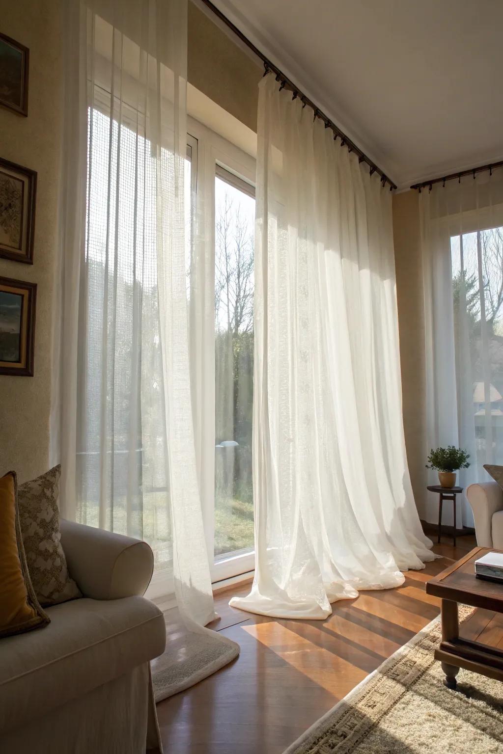 Airy drapes let in natural light, creating a breezy atmosphere.