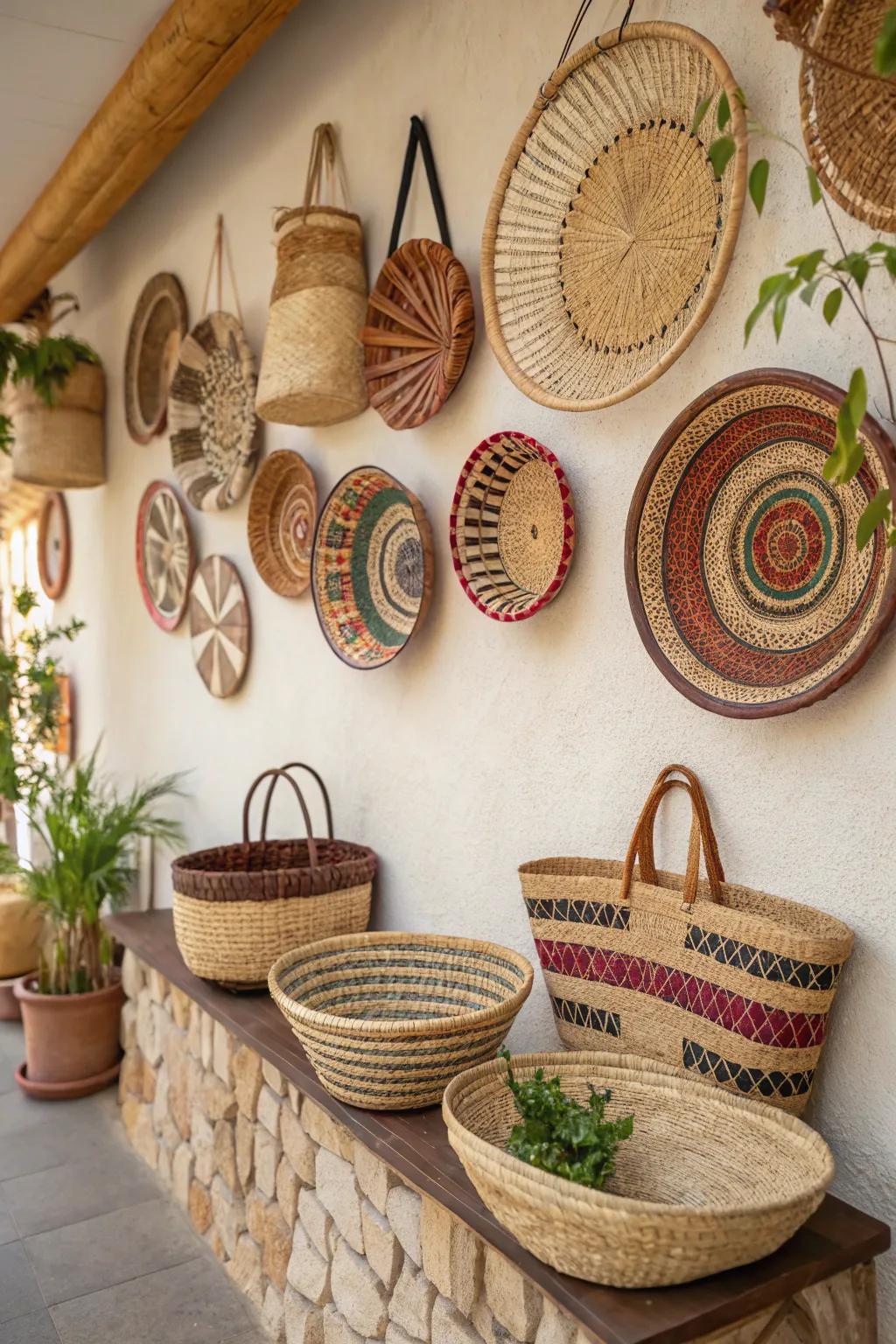 Baskets used as wall art inject texture and interest.