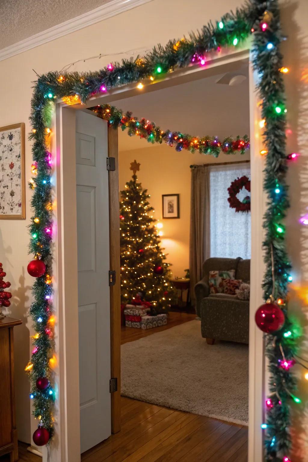 A doorway beautifully framed with tinsel garland.