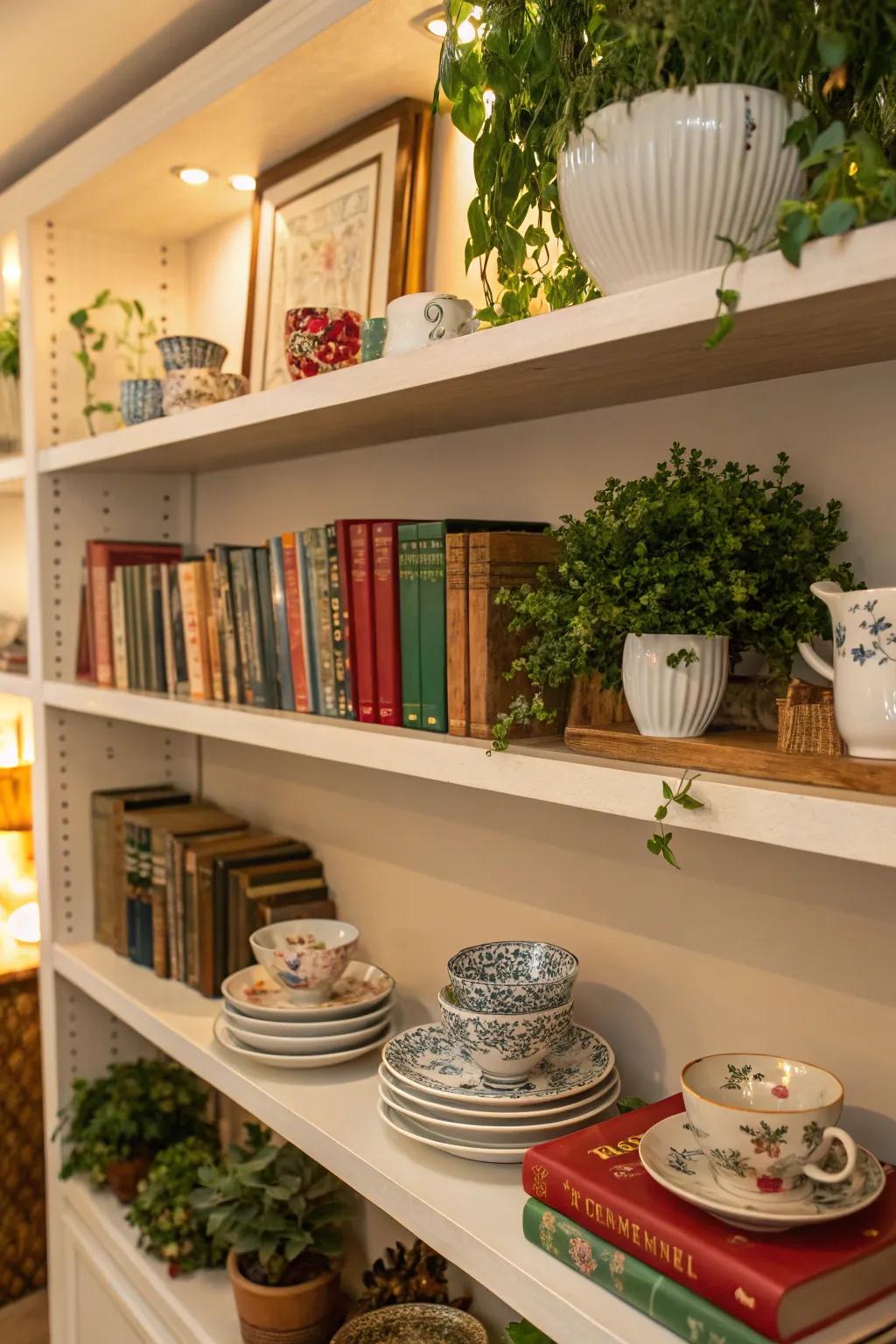 A cool mix of china, books, and plants on open shelves for a vibrant and eye-catching display.