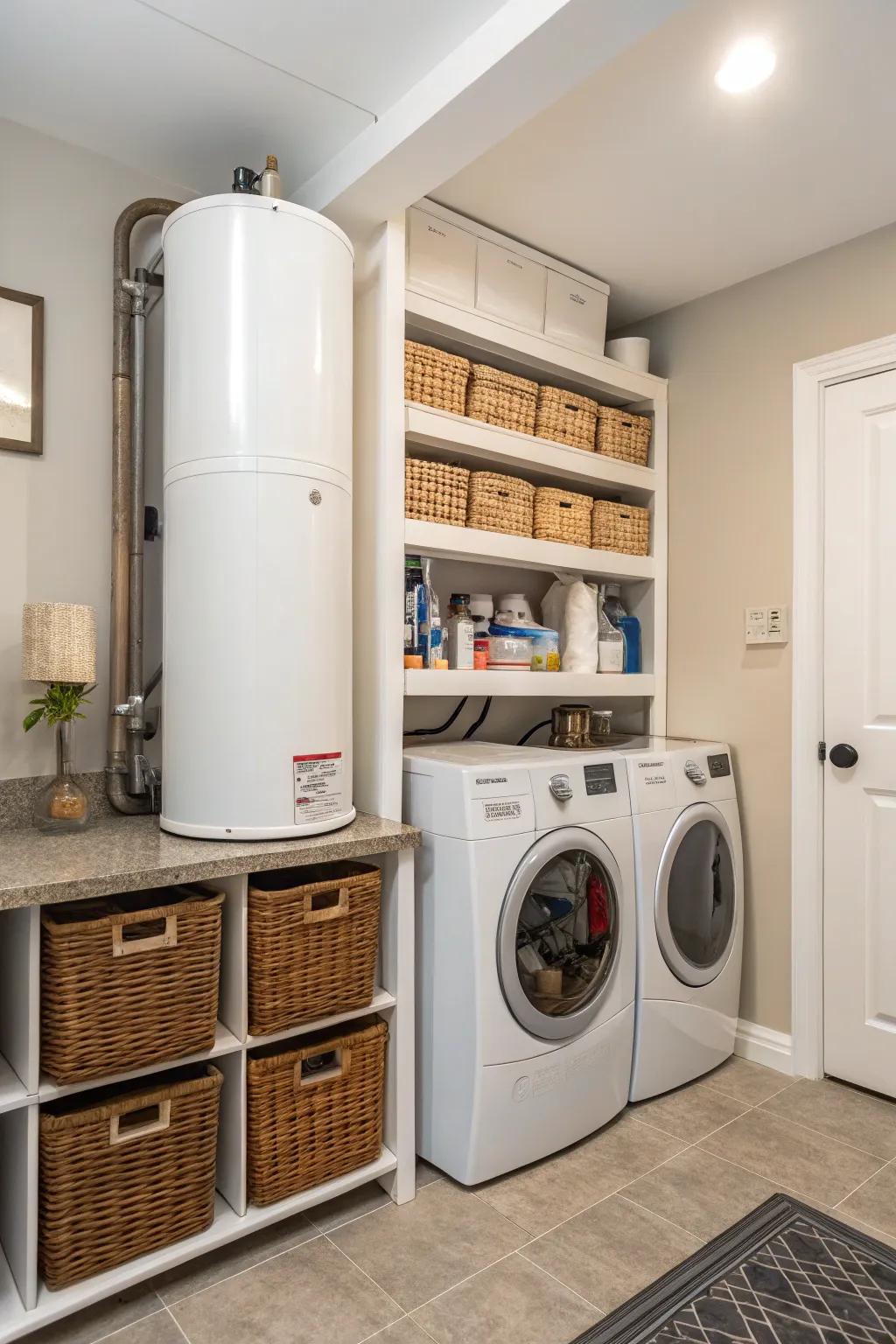 Shelving units can conceal your water heater while expanding storage.