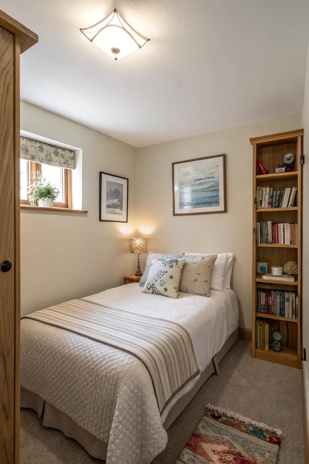 Light tones creating an expansive effect in a small bedroom.