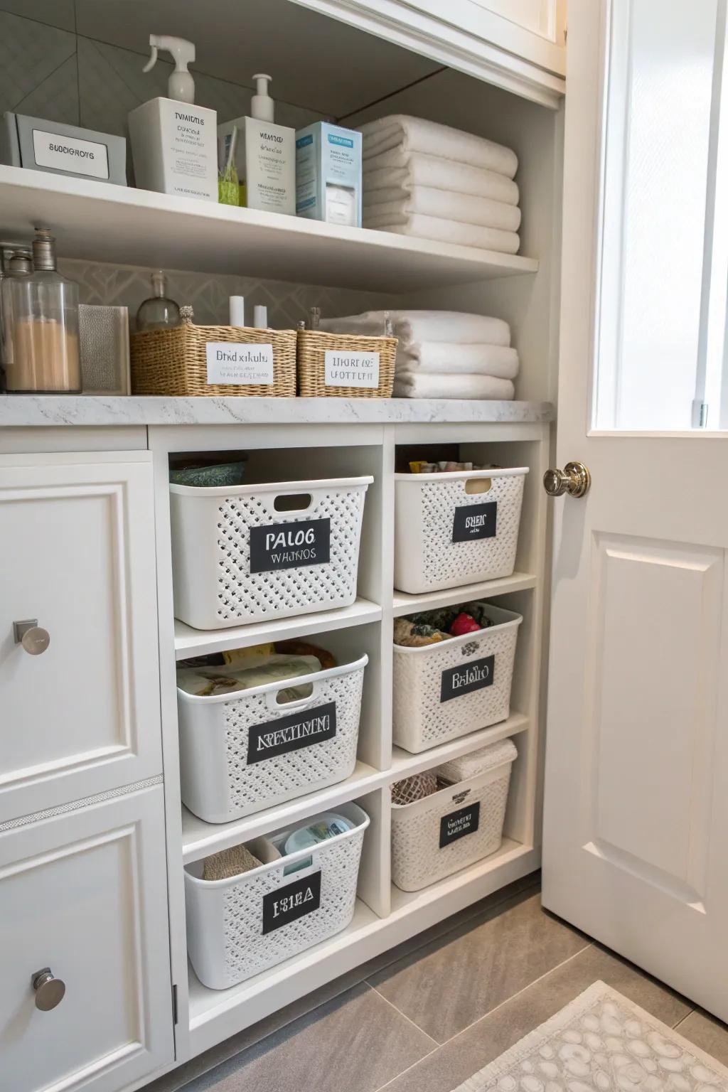 Labeled bins and sections inside a bathroom cabinet make it easy to find everything.