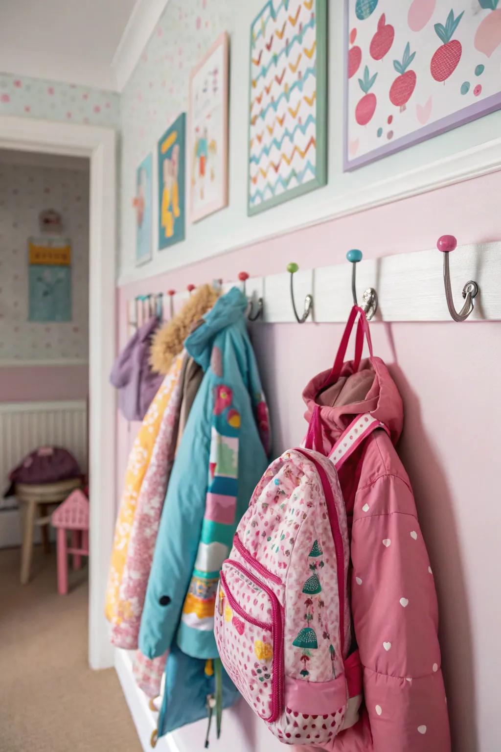 Wall hooks keep items tidy and off the floor.