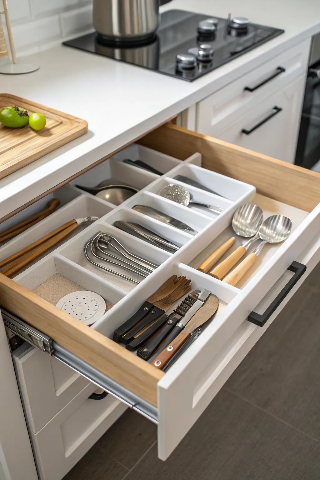 Drawer dividers create harmony in utensil storage.