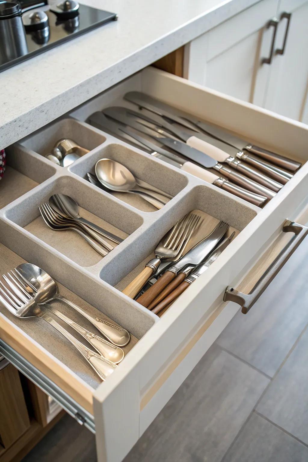 Cutlery trays offering a dedicated spot for each utensil.