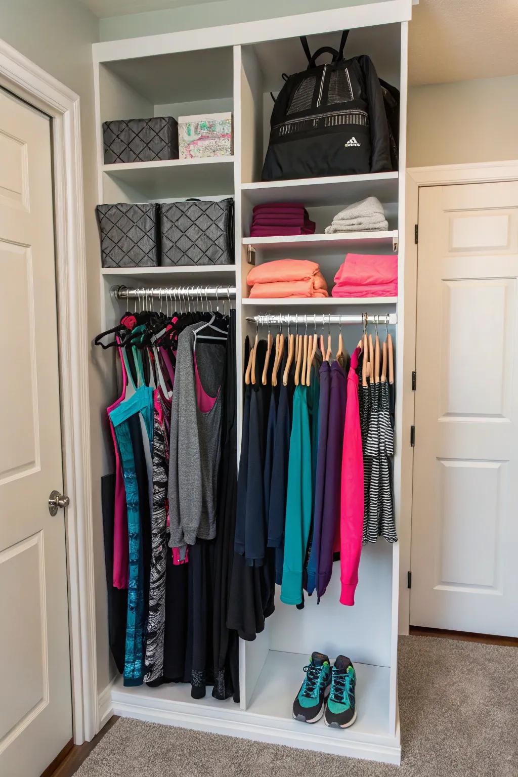 Vertical storage techniques for maximizing closet capacity.