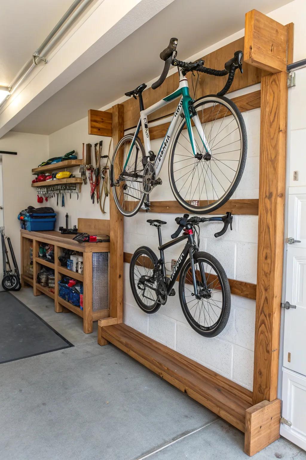 Creative DIY wood bike racks for unique storage solutions.
