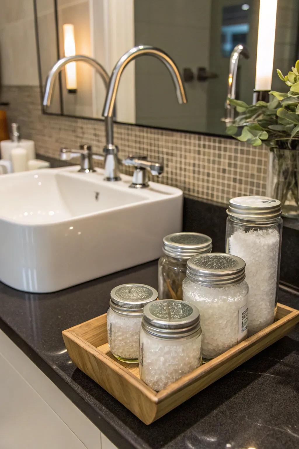 Chic bathroom counter with Epsom salt display