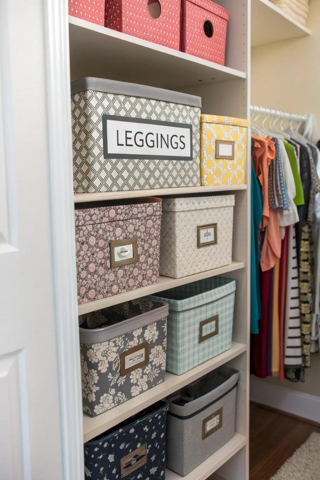 Employ bins and containers to categorize and stylishly store leggings.